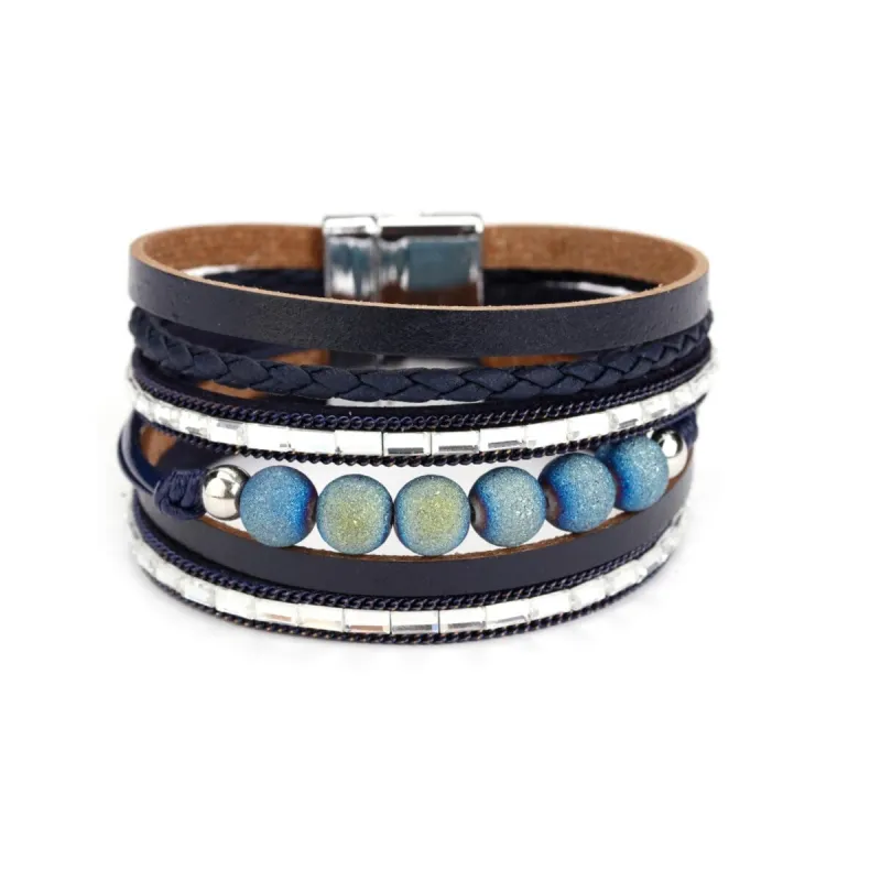 Blue Agate Beads Black Faux Leather Bracelet sold by Zulily