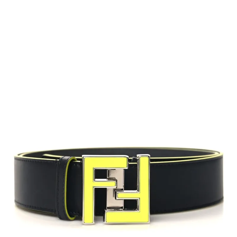 Fendi Vitello Century Elite Enamel FF Buckle Belt 105 42 Black Giallo Fluo (Pre-Own sold by Zulily