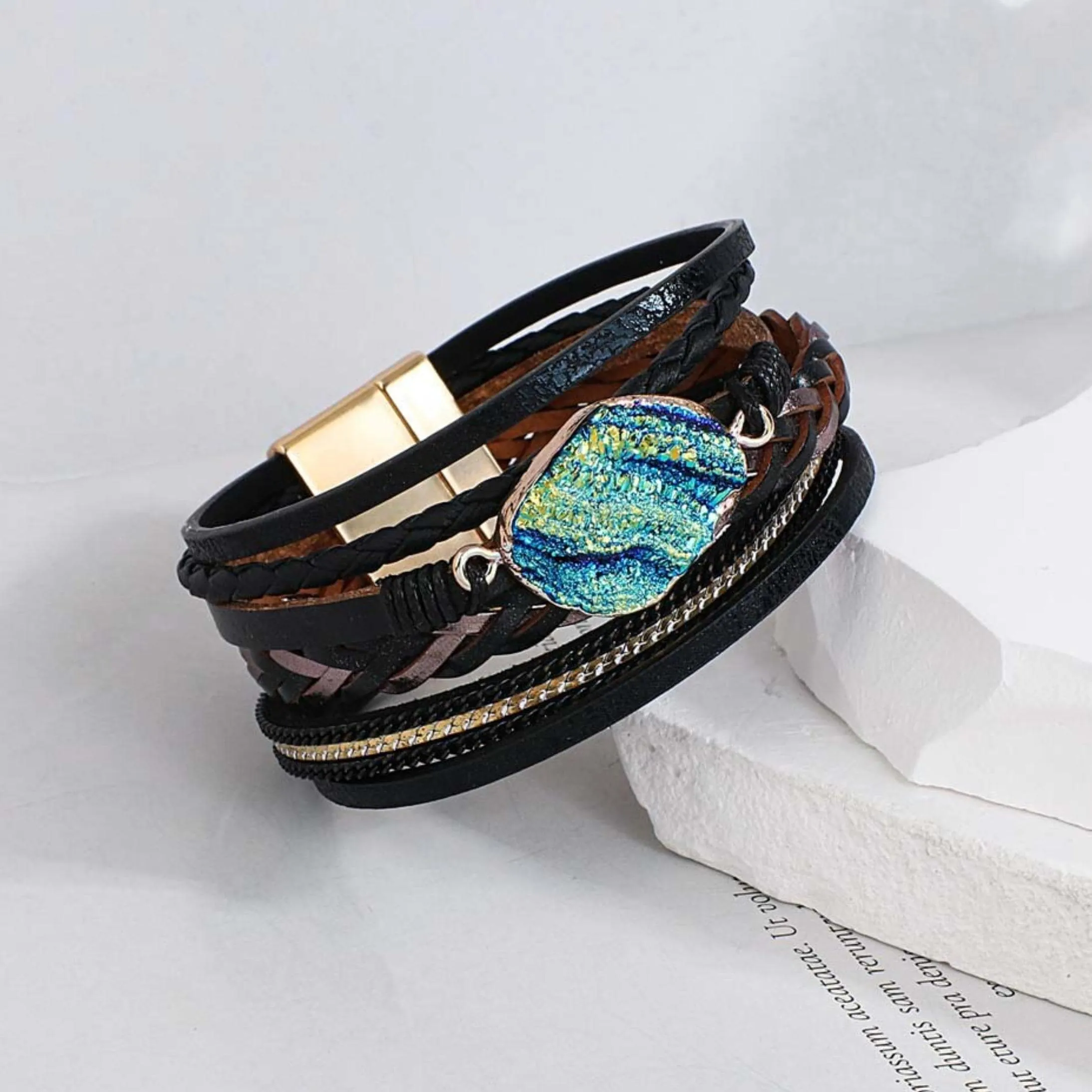 Black Faux Leather Green Blue Geode Multi-strand Bracelet sold by Zulily product image thumbnail 2