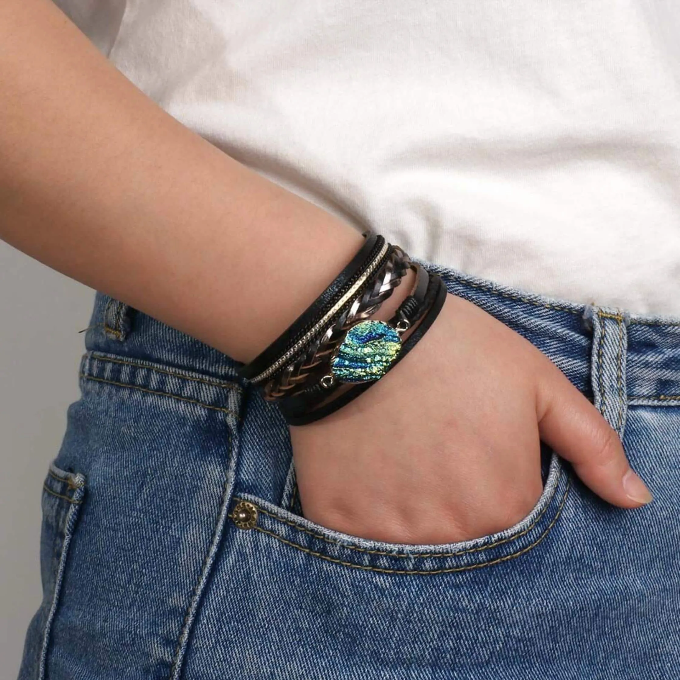 Black Faux Leather Green Blue Geode Multi-strand Bracelet sold by Zulily product image thumbnail 3