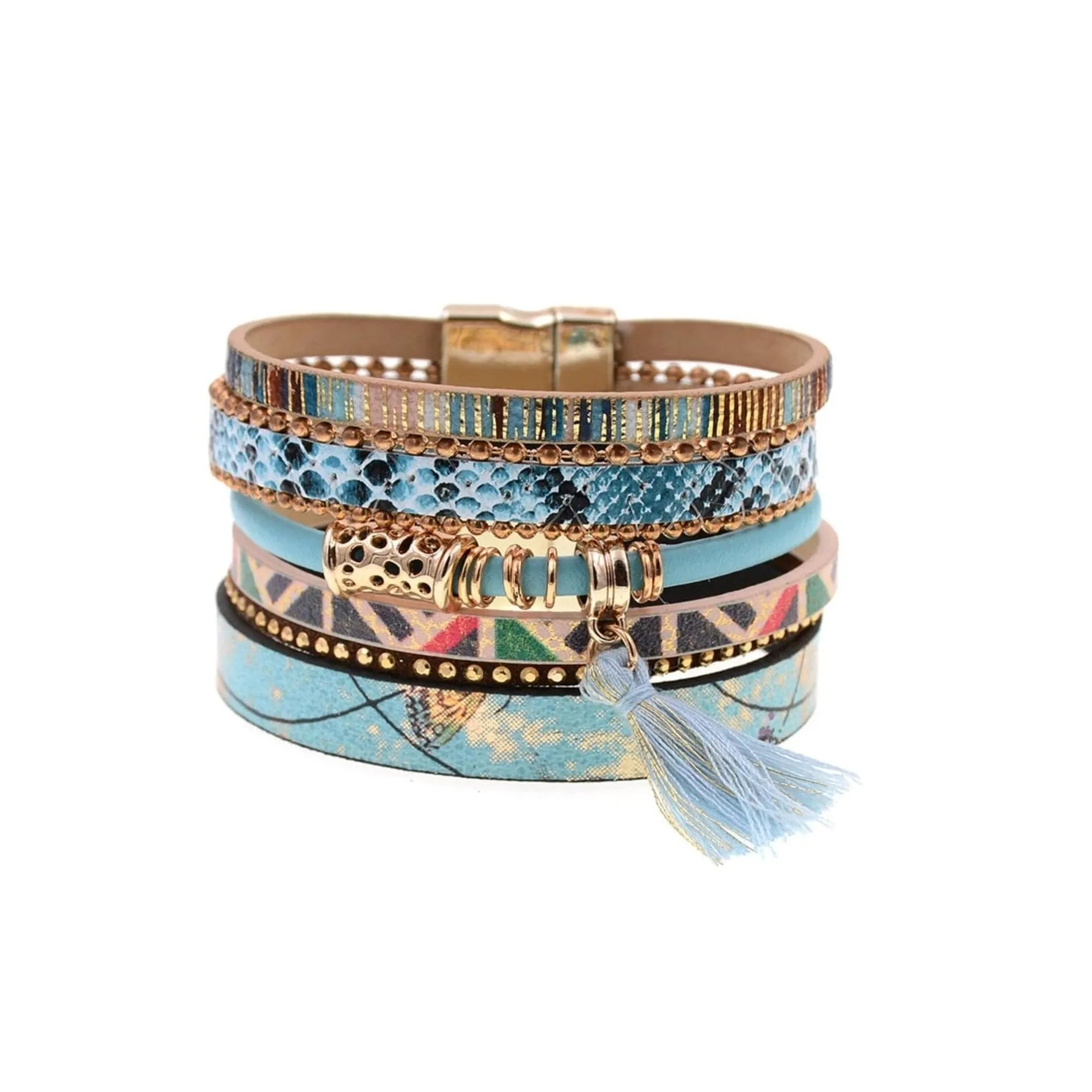 Turquoise & Goldtone Multi-Patterned Faux Leather Bracelet with Tassel sold by Zulily