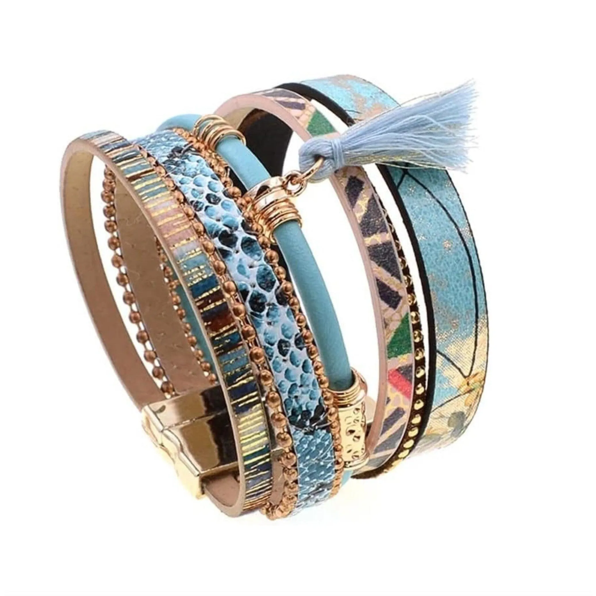 Turquoise & Goldtone Multi-Patterned Faux Leather Bracelet with Tassel sold by Zulily product image thumbnail 2
