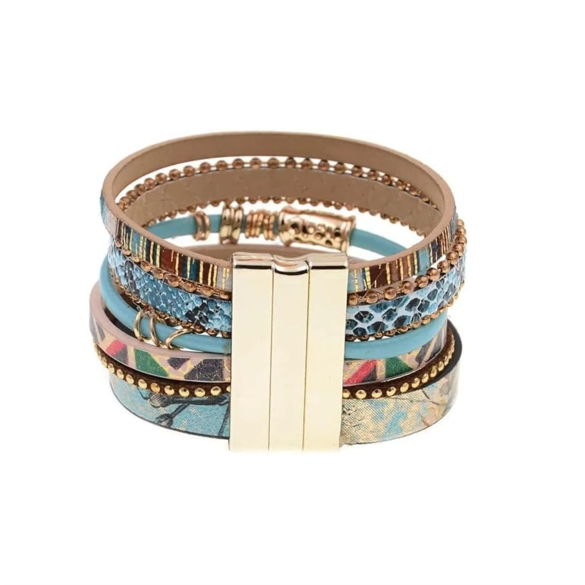 Turquoise & Goldtone Multi-Patterned Faux Leather Bracelet with Tassel sold by Zulily product image thumbnail 3