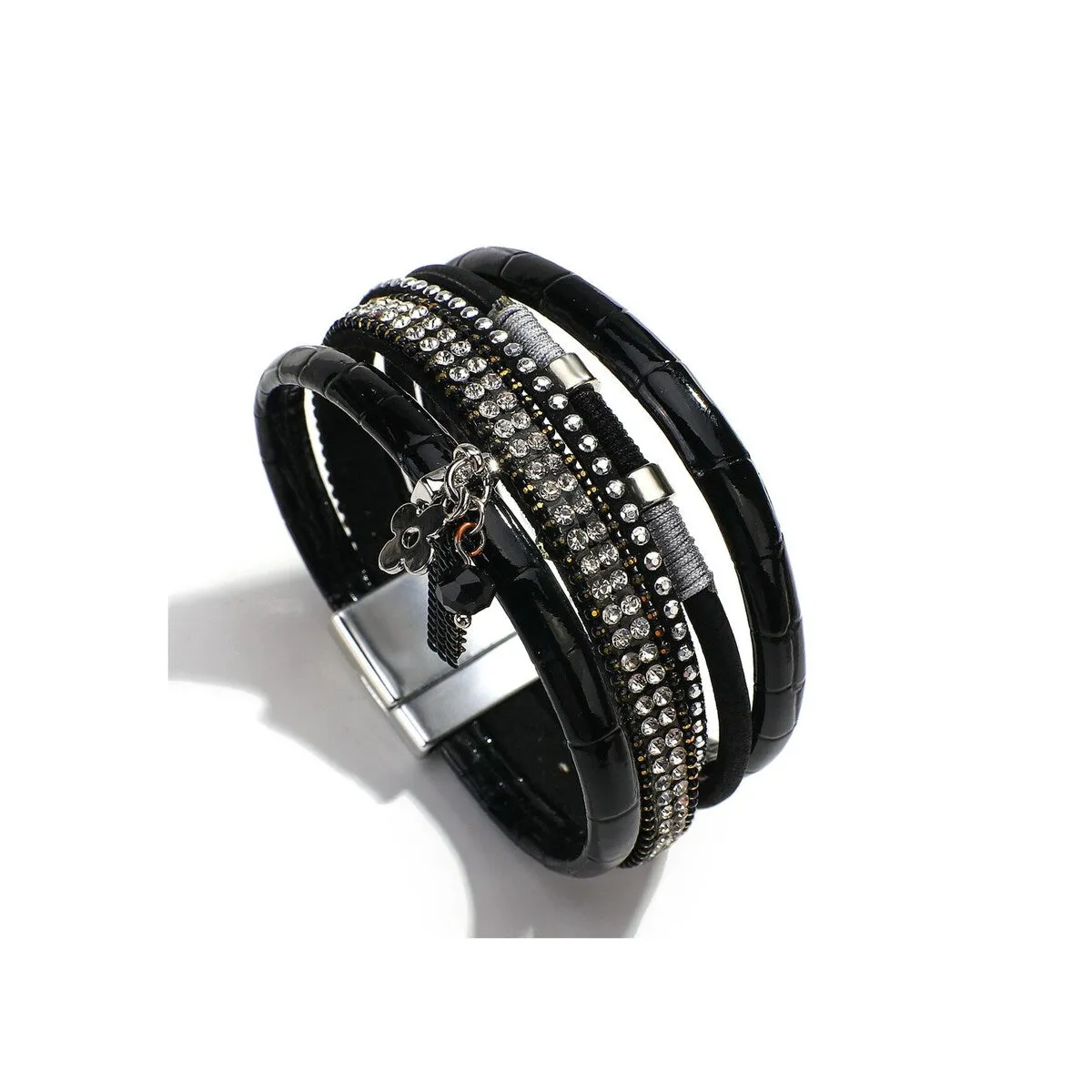 Faux Leather Black Crystal Bracelet sold by Zulily