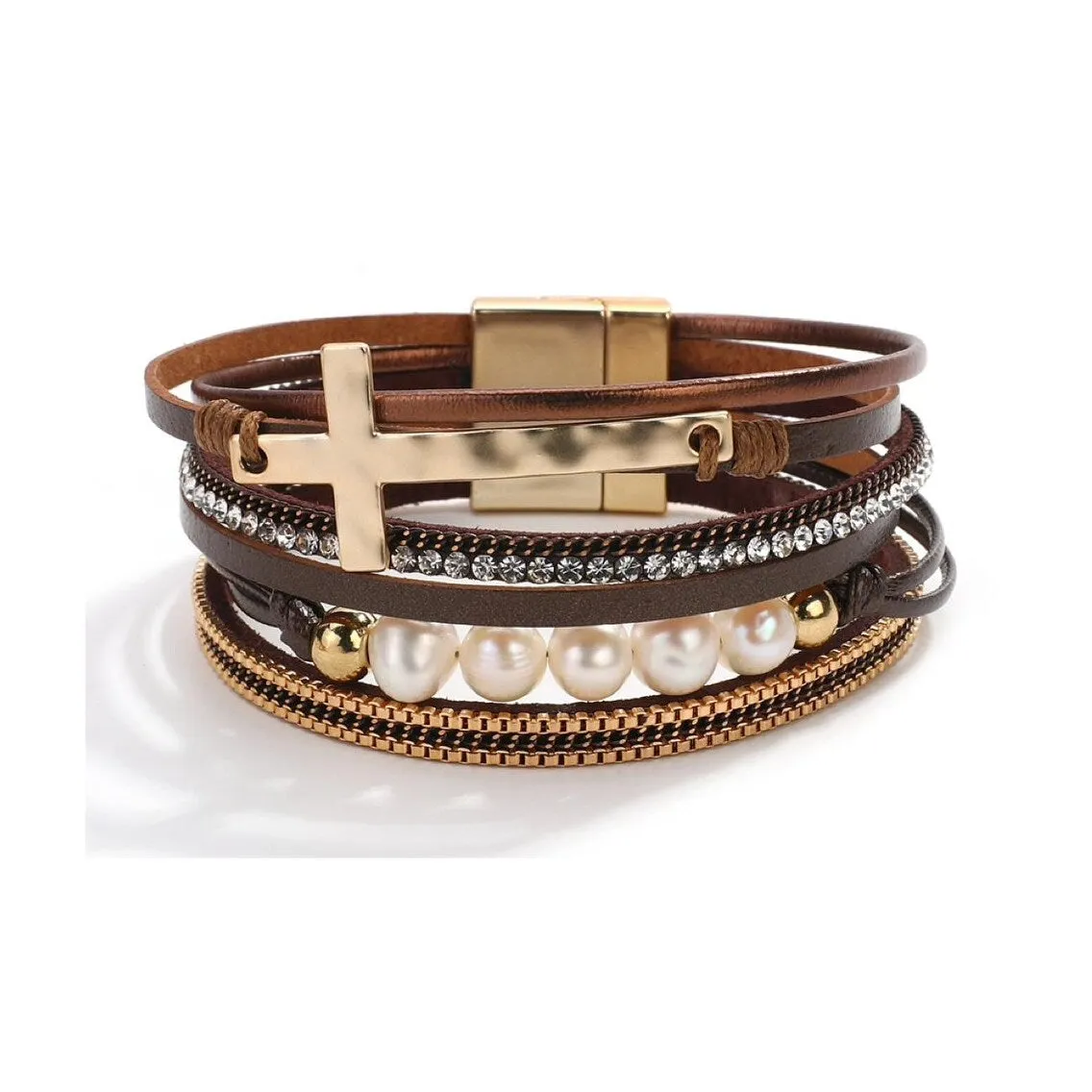 Brown Goldtone Cross Faux Leather Bracelet sold by Zulily