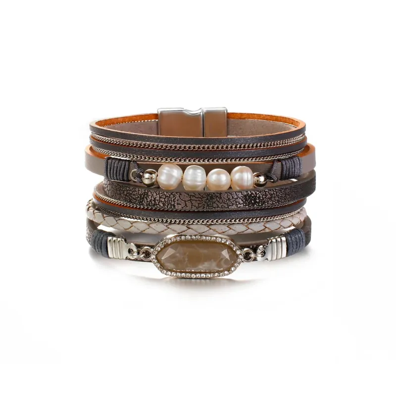 Dark Grey Faux Leather Freshwater Pearl Layered Bracelet sold by Zulily