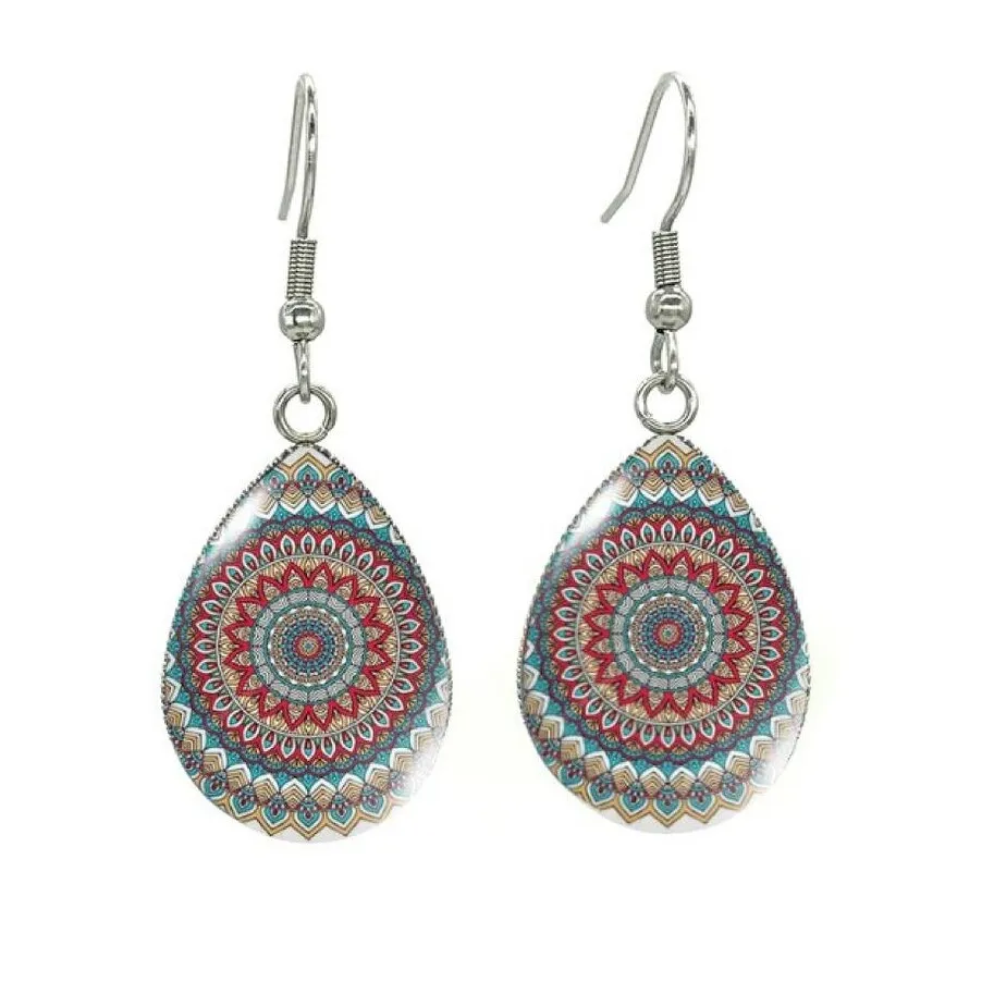 Blue Red Mandala Silvertone Teardrop Drop Earrings - Blue Red Mandala sold by Zulily