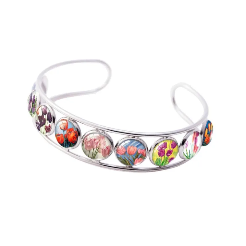 Red Silvertone Multi Colored Tulip Button Cuff - Tulips made by Zulily