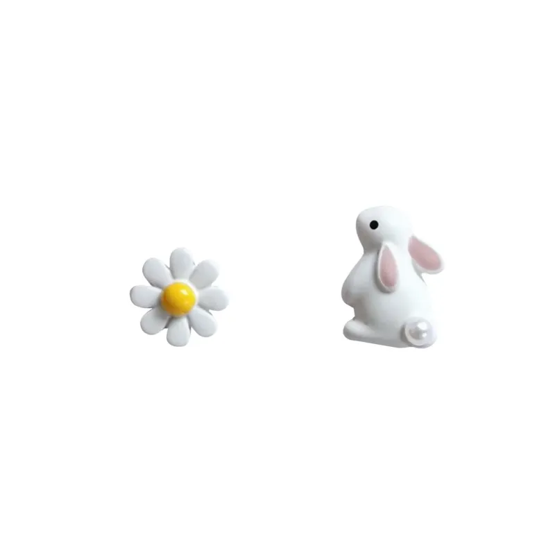 Asymmetrical White Bunny And Daisy Flower Stud Earrings - Multi sold by Zulily