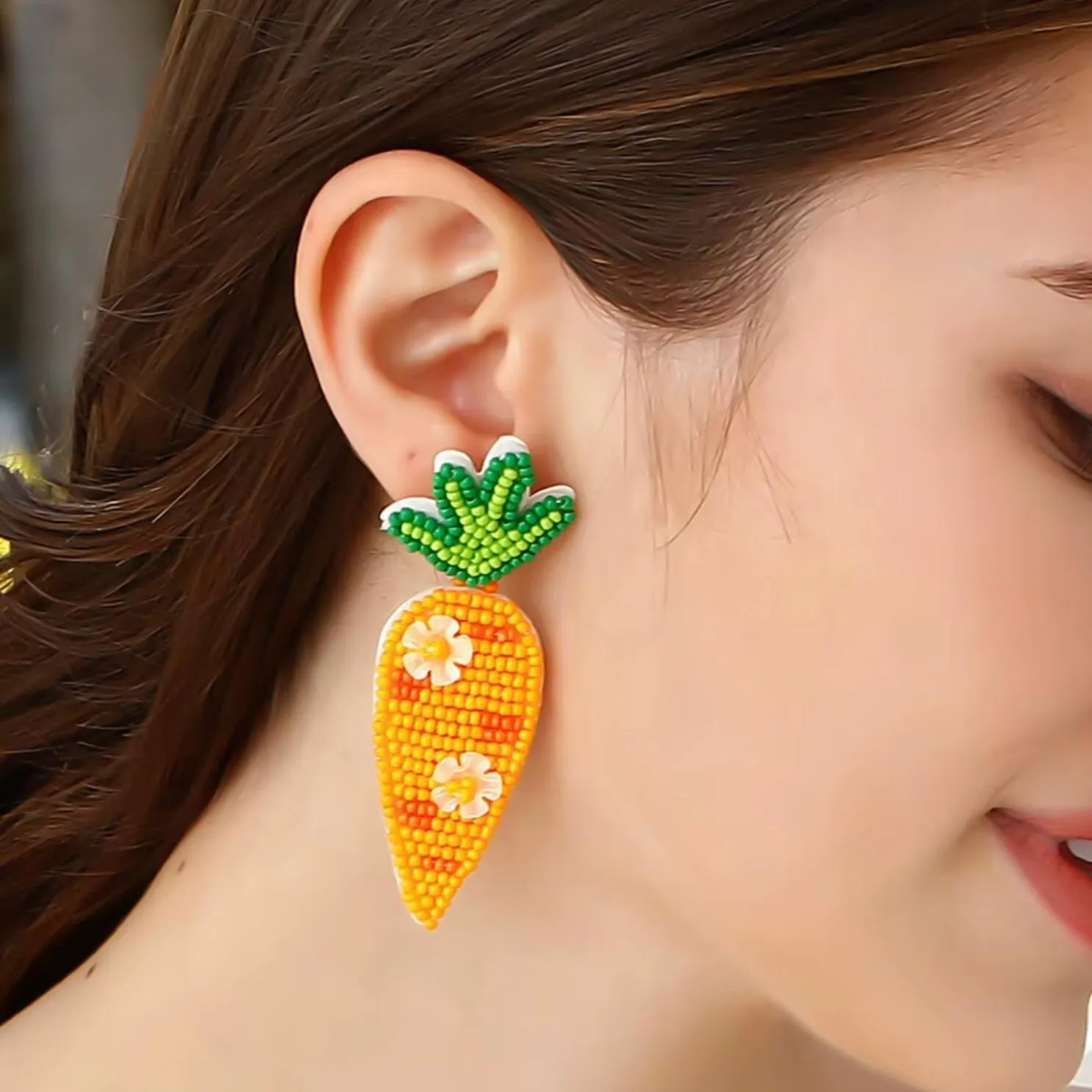 Orange Seed Bead Beaded Carrot Floral Drop Earrings - Multi sold by Zulily product image thumbnail 4