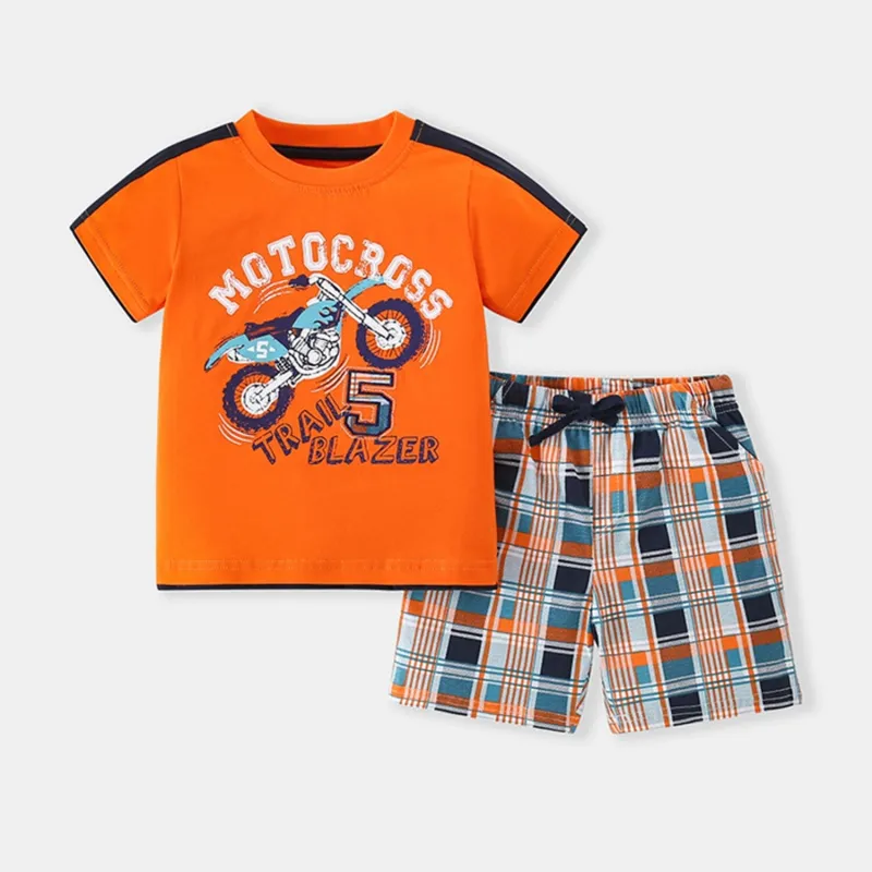 Orange & Navy Motorcycle Short-Sleeve Top & Plaid Shorts sold by Zulily