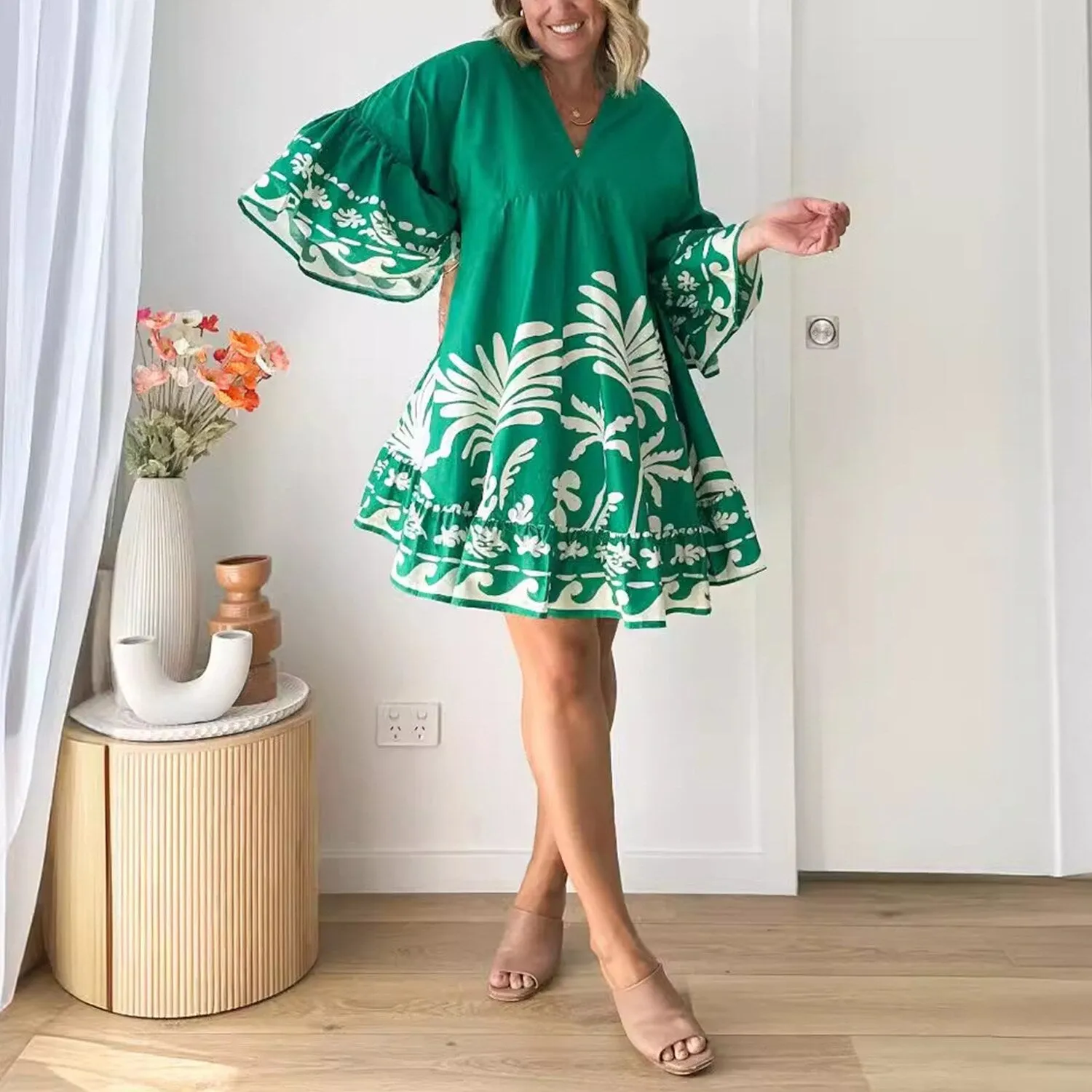 Green Floral Bell-Sleeve Dress sold by Zulily product image thumbnail 2
