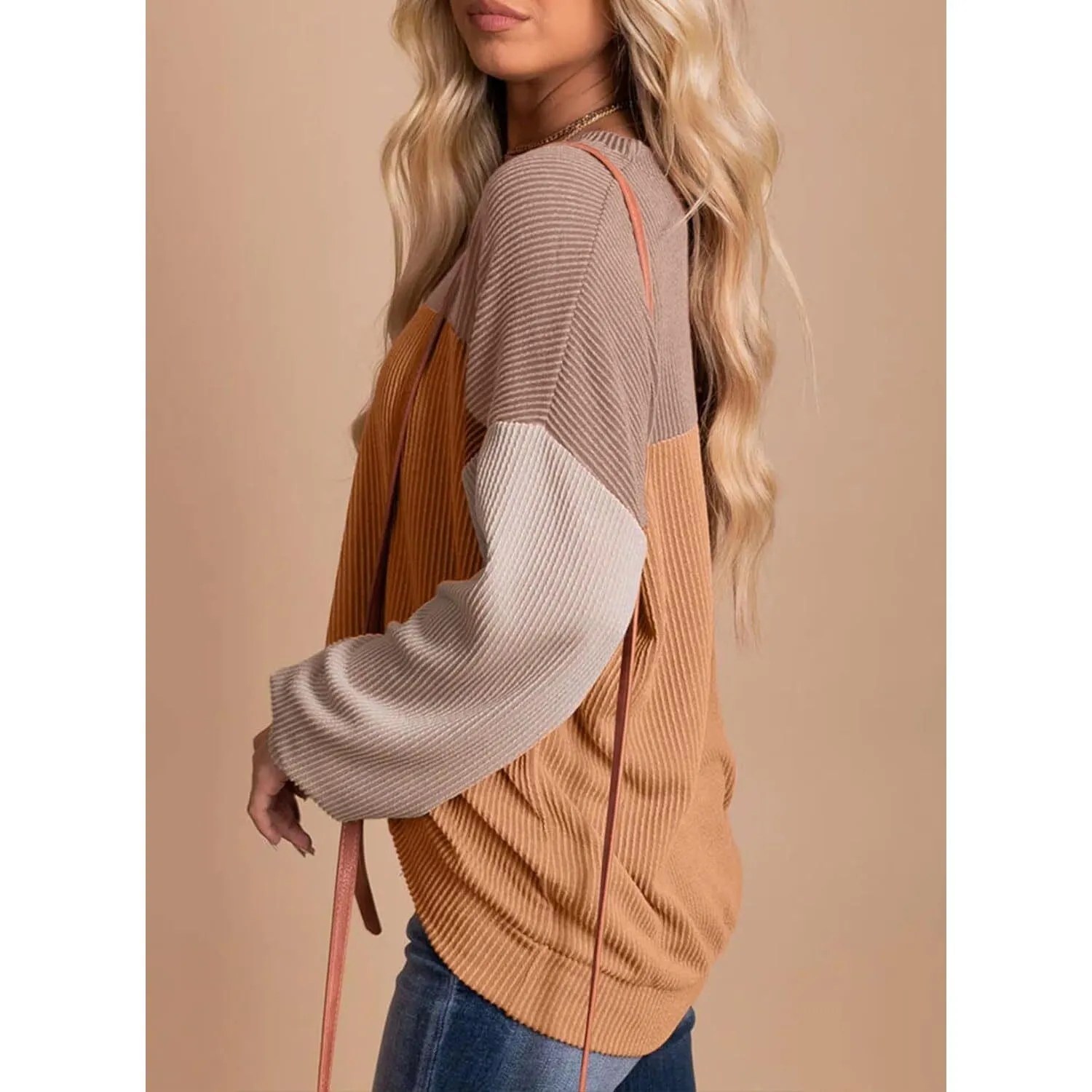 Brown & Khaki Color Block Round Neck Top sold by Zulily product image thumbnail 3
