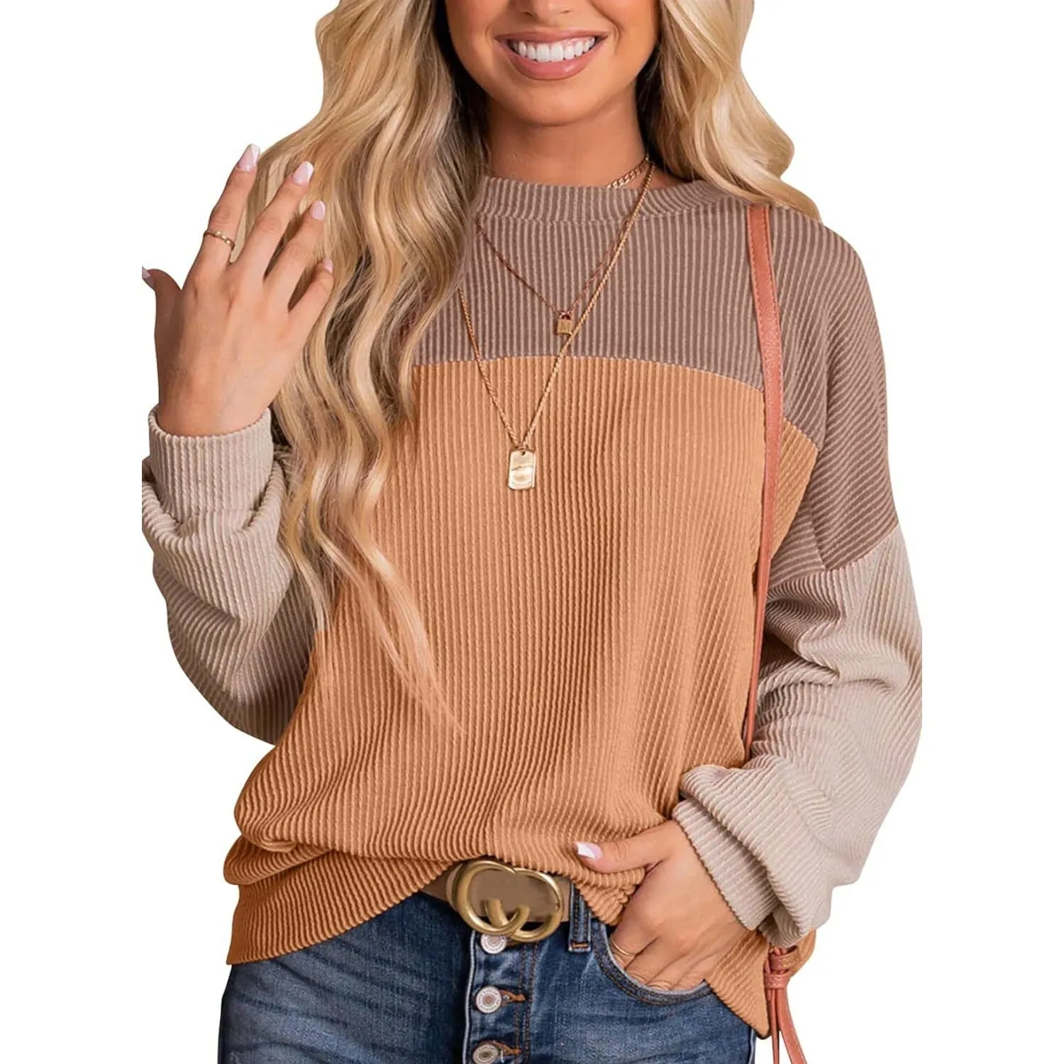 Brown & Khaki Color Block Round Neck Top sold by Zulily