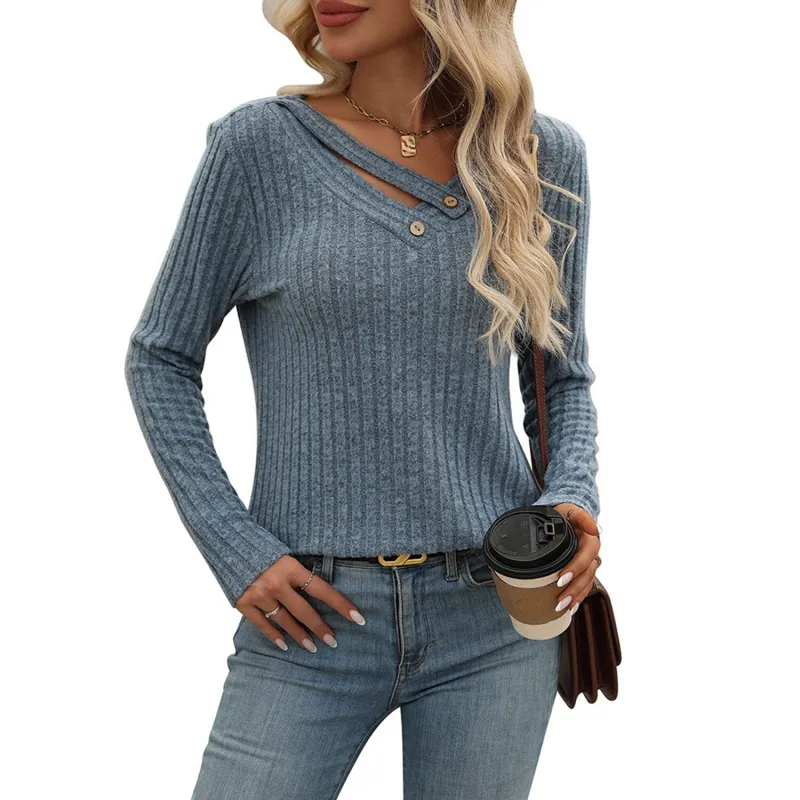 Blue Ribbed V-Neck Long Sleeve T-Shirt sold by Zulily
