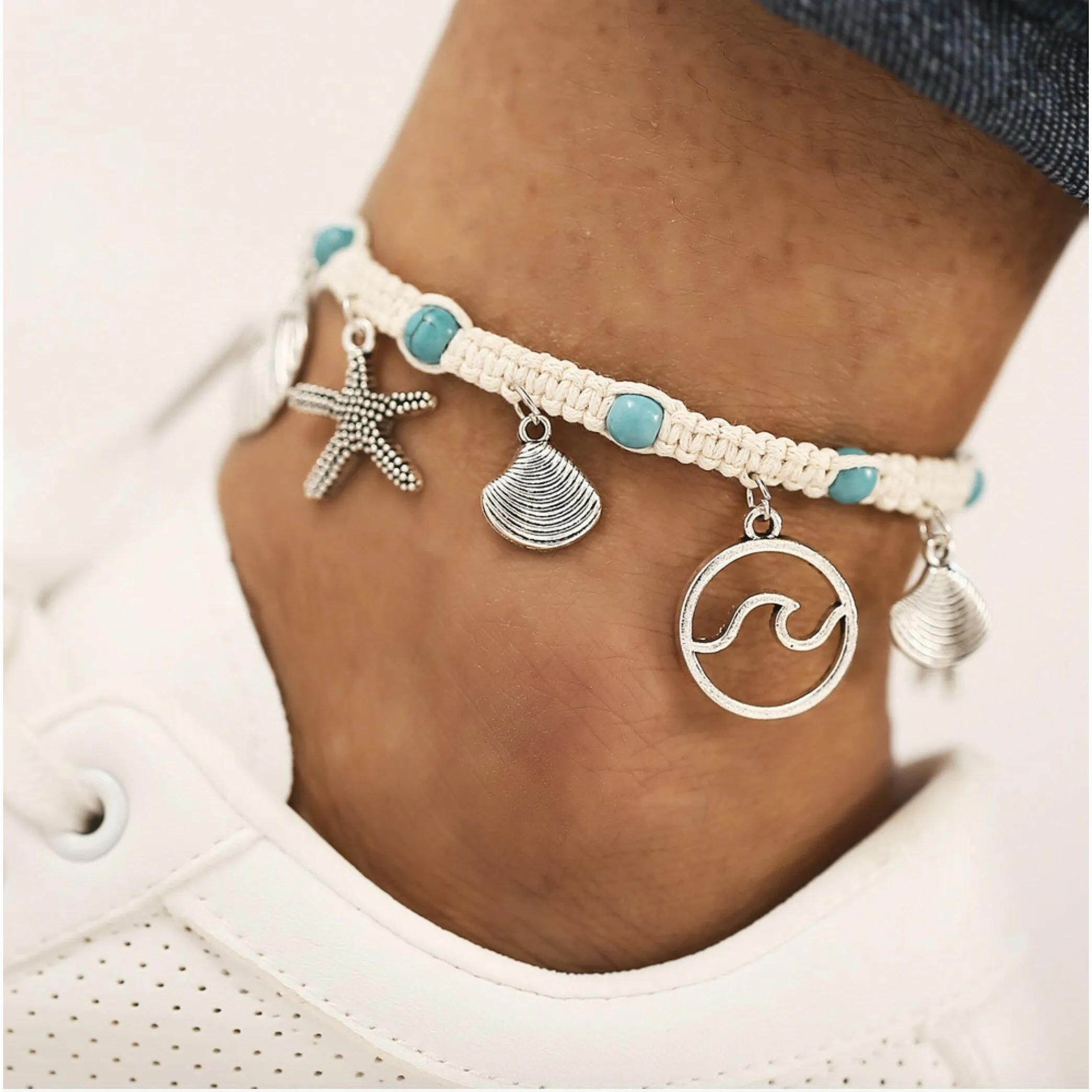 Blue Silvertone Starfish Wave Anklet sold by Zulily