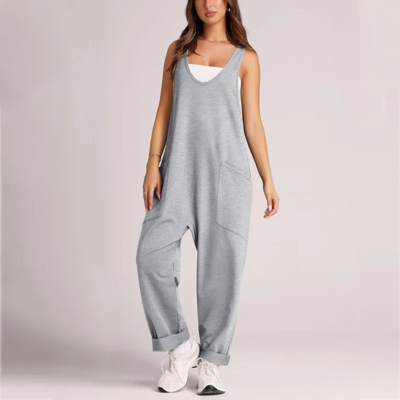 Light Grey V-Neck Sleeveless Pocket Jumpsuit sold by Zulily