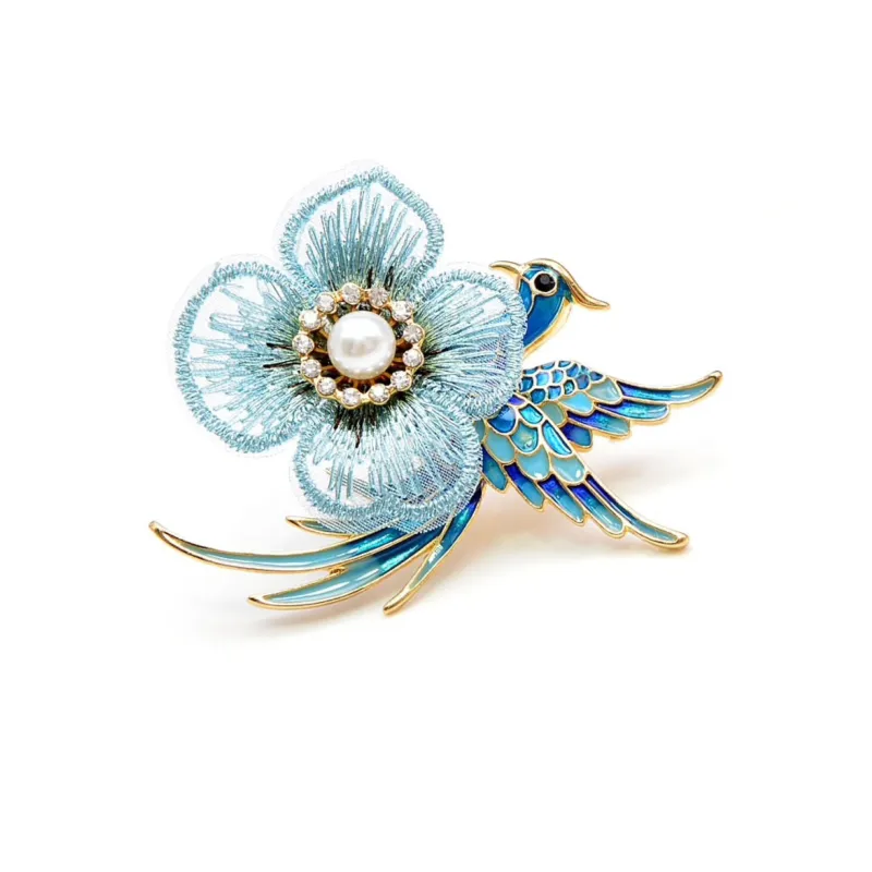Crystal Imitation Pearl Flower And Flying Phoenix Brooch in Blue sold by Zulily