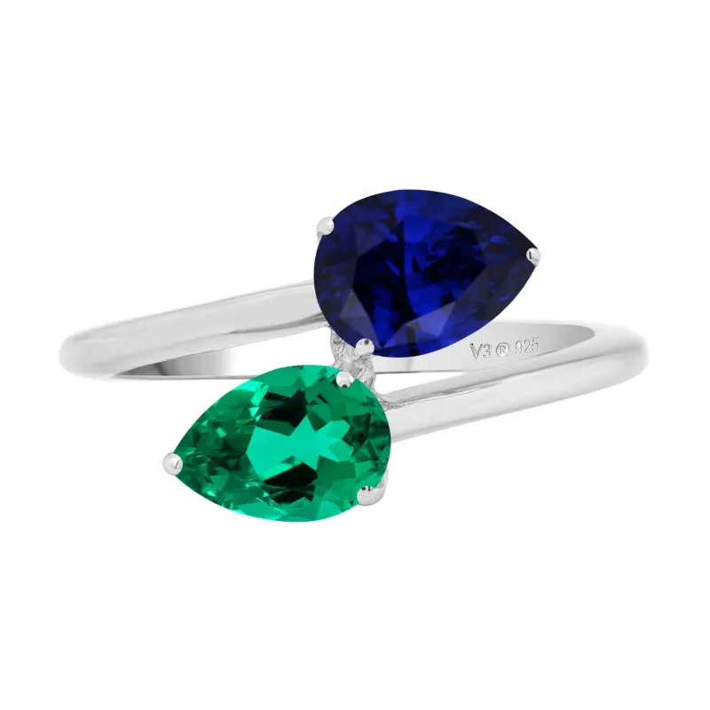 V3 Jewelry 925 Sterling Silver Blue Sapphire and Emerald Bypass Ring for Women sold by Zulily