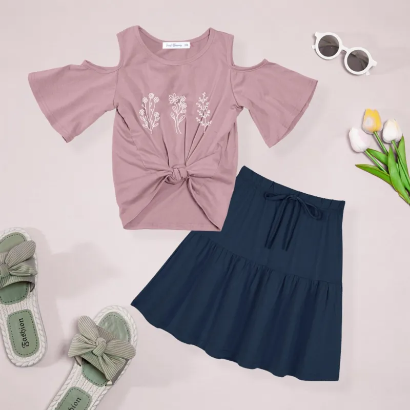 Dusty Pink Floral Cutout Top & Navy A-Line Skirt sold by Zulily