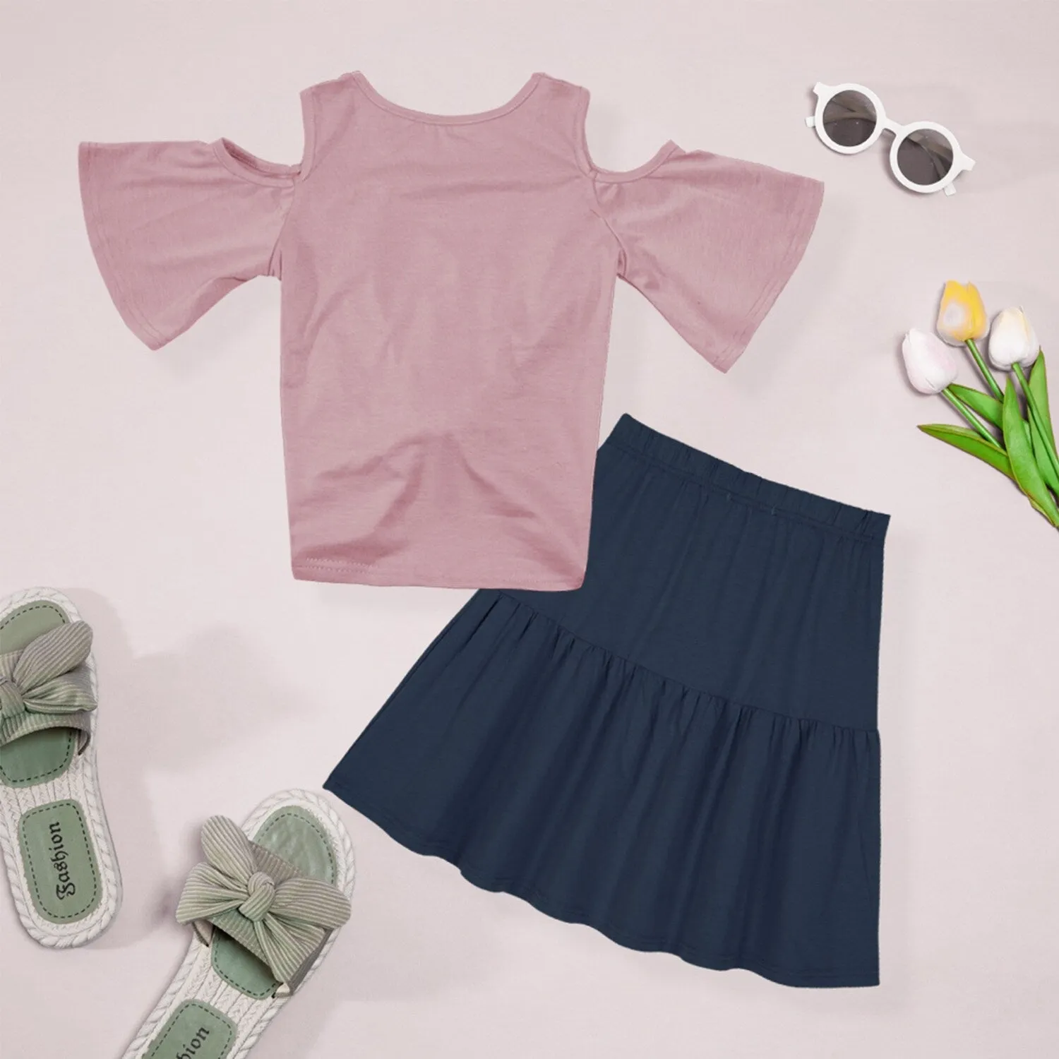 Dusty Pink Floral Cutout Top & Navy A-Line Skirt sold by Zulily product image thumbnail 2