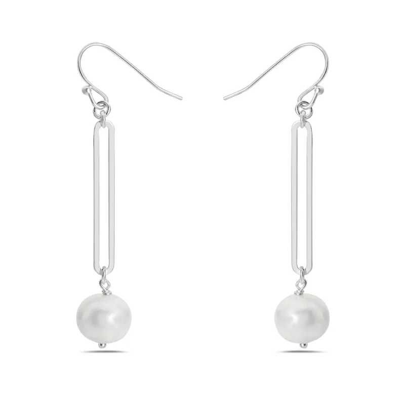 Sterling Silver Modern Style Long Rectangular Line with Drop of Freshwater Pearl Earring sold by Zulily