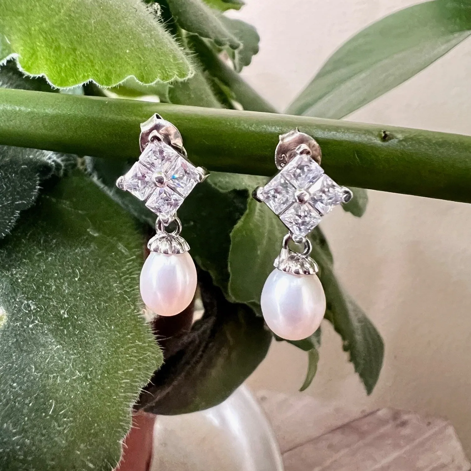 Sterling Silver Square Shape CZ Top with Freshwater Pearl Drops Earring sold by Zulily product image thumbnail 3