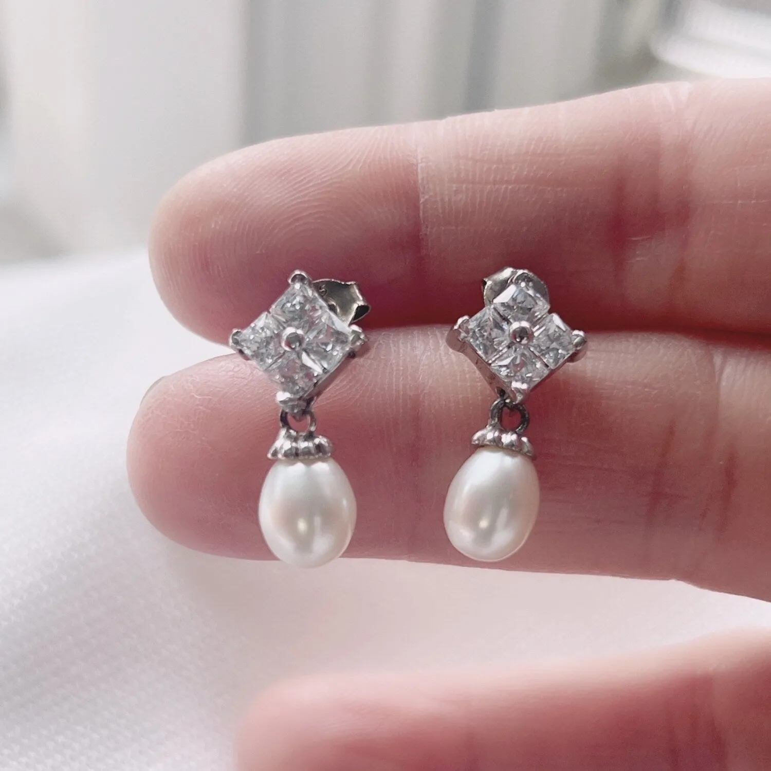 Sterling Silver Square Shape CZ Top with Freshwater Pearl Drops Earring sold by Zulily product image thumbnail 5