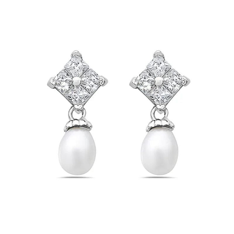 Sterling Silver Square Shape CZ Top with Freshwater Pearl Drops Earring sold by Zulily