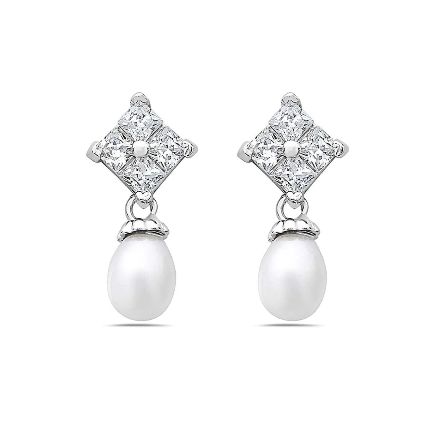 Sterling Silver Square Shape CZ Top with Freshwater Pearl Drops Earring sold by Zulily