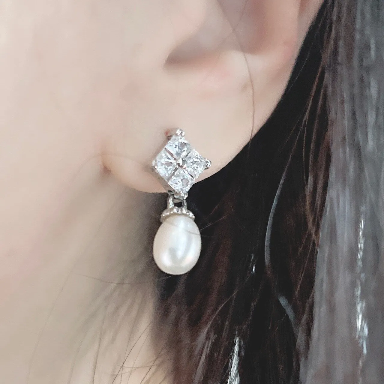Sterling Silver Square Shape CZ Top with Freshwater Pearl Drops Earring sold by Zulily product image thumbnail 4