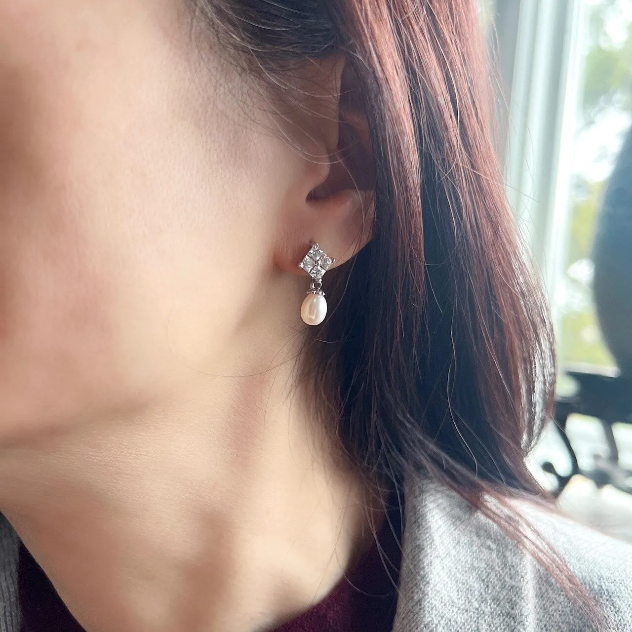 Sterling Silver Square Shape CZ Top with Freshwater Pearl Drops Earring sold by Zulily product image thumbnail 2