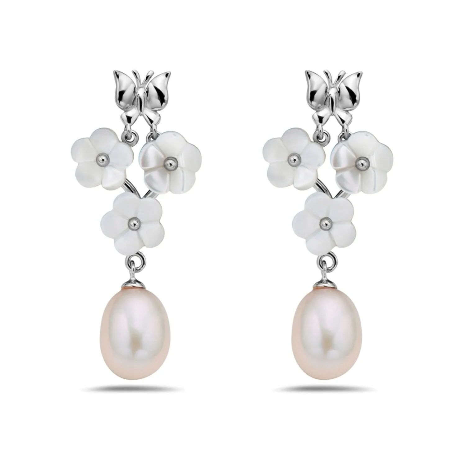 Sterling Silver Cluster Mother of Pearl Flowers with Freshwater Pearl Drop Long Earring sold by Zulily