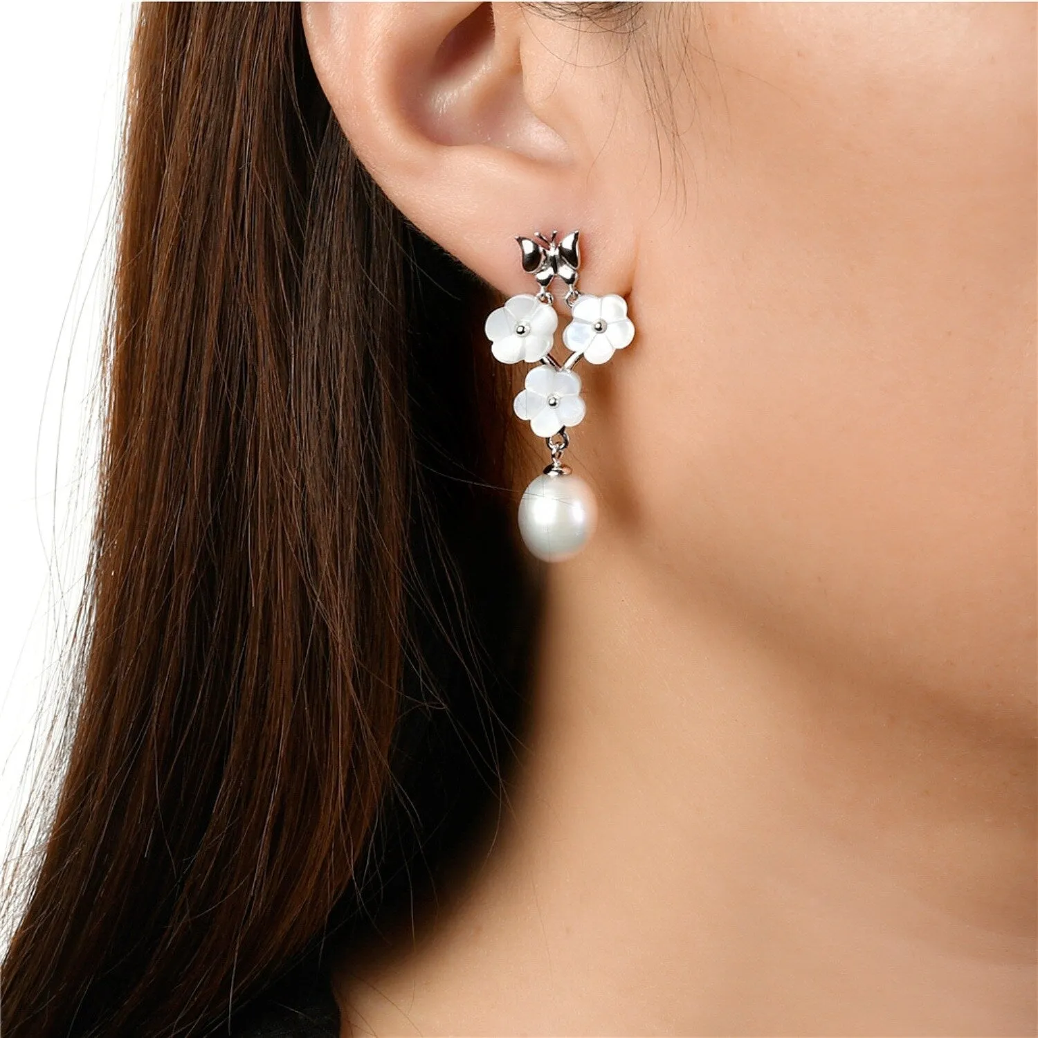 Sterling Silver Cluster Mother of Pearl Flowers with Freshwater Pearl Drop Long Earring sold by Zulily product image thumbnail 2