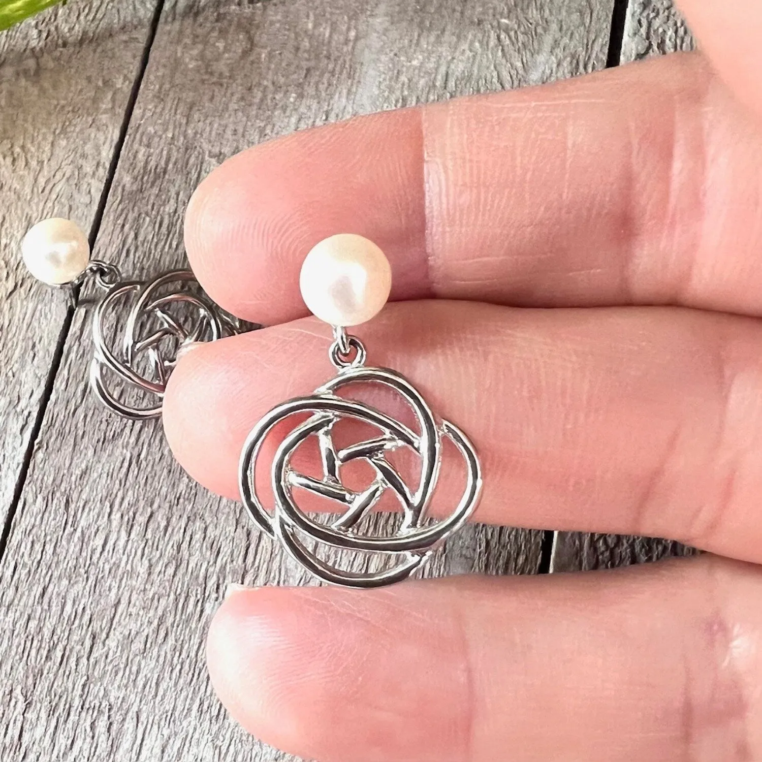 Sterling Silver Freshwater Pearl Top Post with Rose Flower Line Drop Earring sold by Zulily product image thumbnail 4