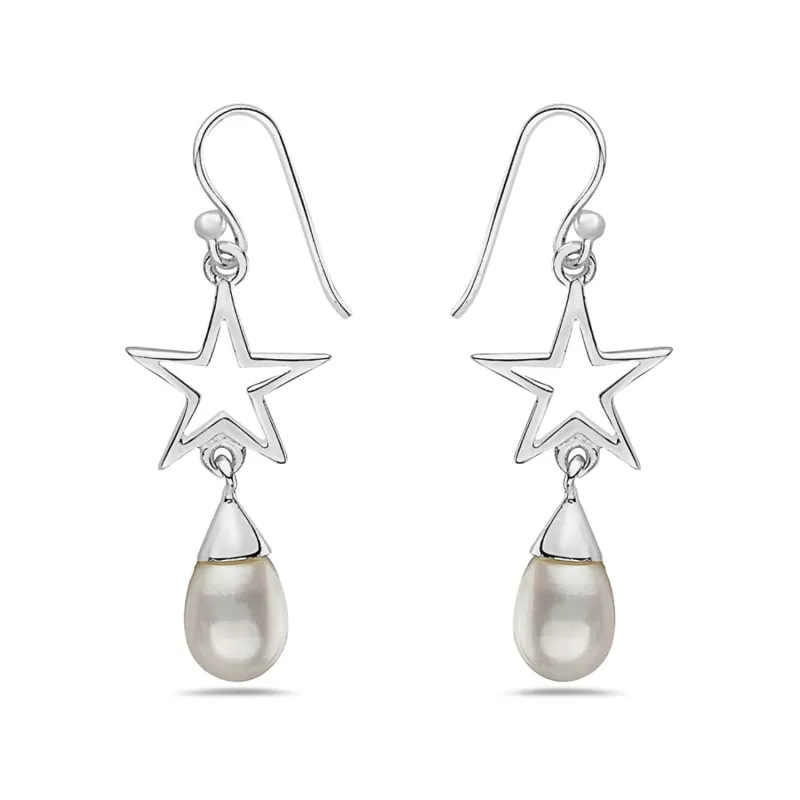 Sterling Silver Star Line Shape Freshwater Pearl Drop Earring sold by Zulily