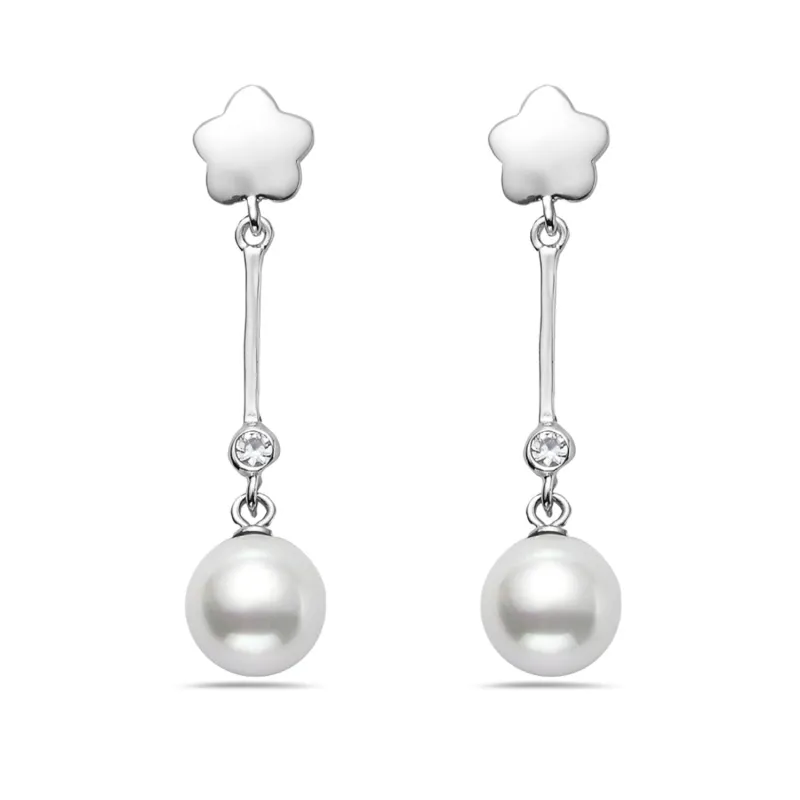 Sterling Silver Flower Top with Linear Faux White Pearl Drops Earring sold by Zulily