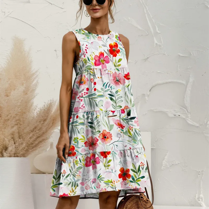White & Pink Floral Leaf Tiered Round Neck Sleeveless Dress sold by Zulily