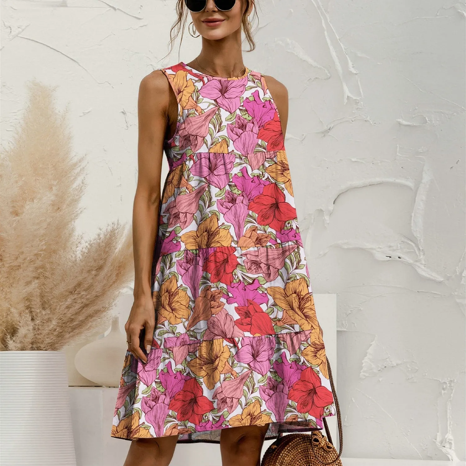 Pink & Coral Floral Tiered Round Neck Sleeveless Dress sold by Zulily