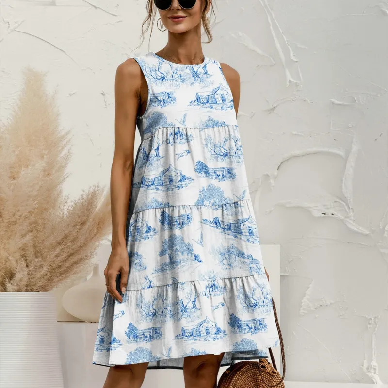 White & Blue Houses Tiered Round Neck Sleeveless Dress sold by Zulily