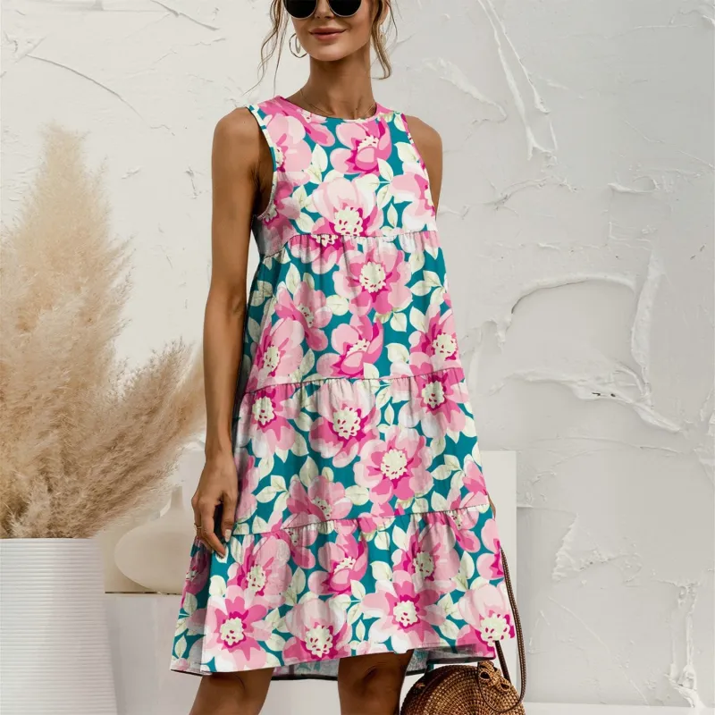 Pink Floral Tiered Round Neck Sleeveless Dress sold by Zulily