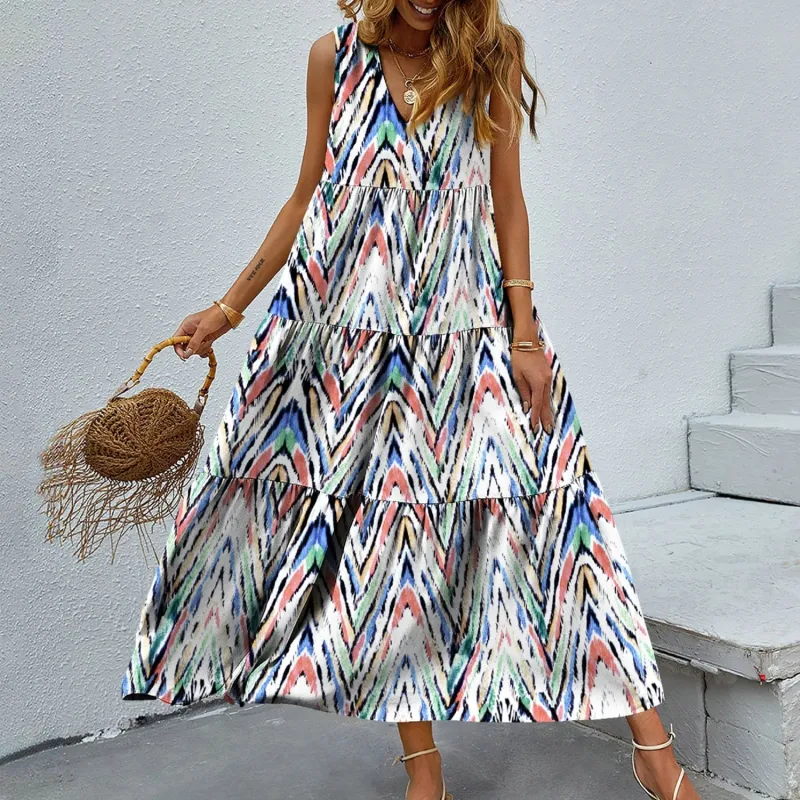 Multi Color Geometric Tiered V-Neck Sleeveless Dress sold by Zulily