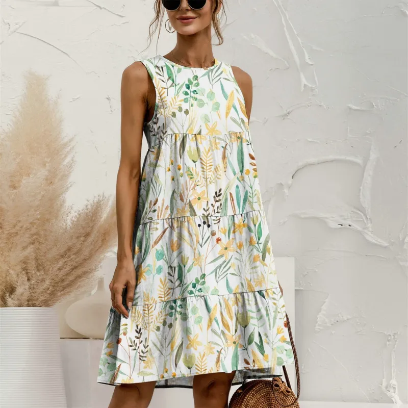 Light Orange & Turquoise Watercolor Floral Leaf Tiered Round Neck Sleeveless Dress sold by Zulily