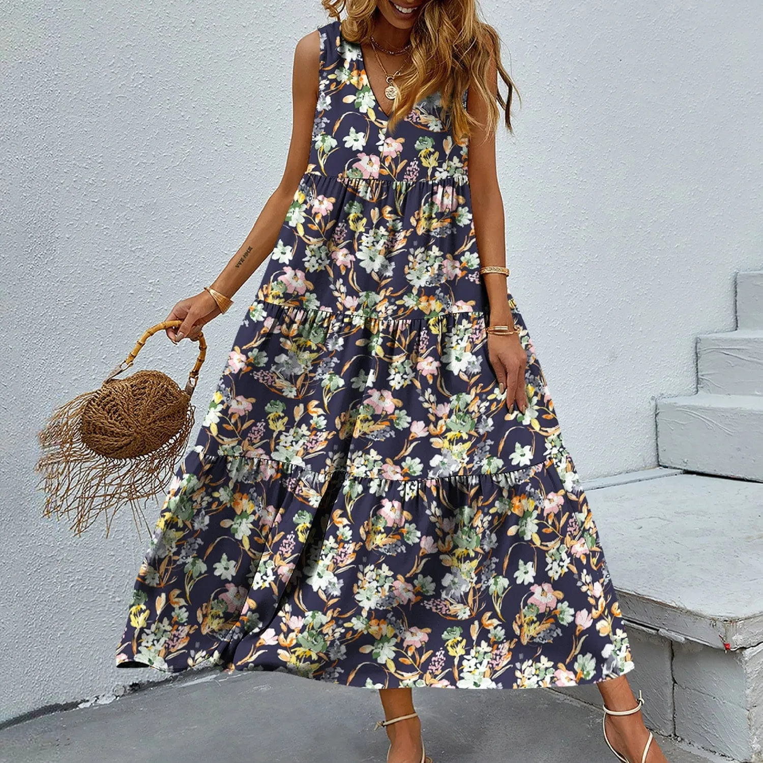 Multi Color Floral Tiered V-Neck Sleeveless Dress sold by Zulily