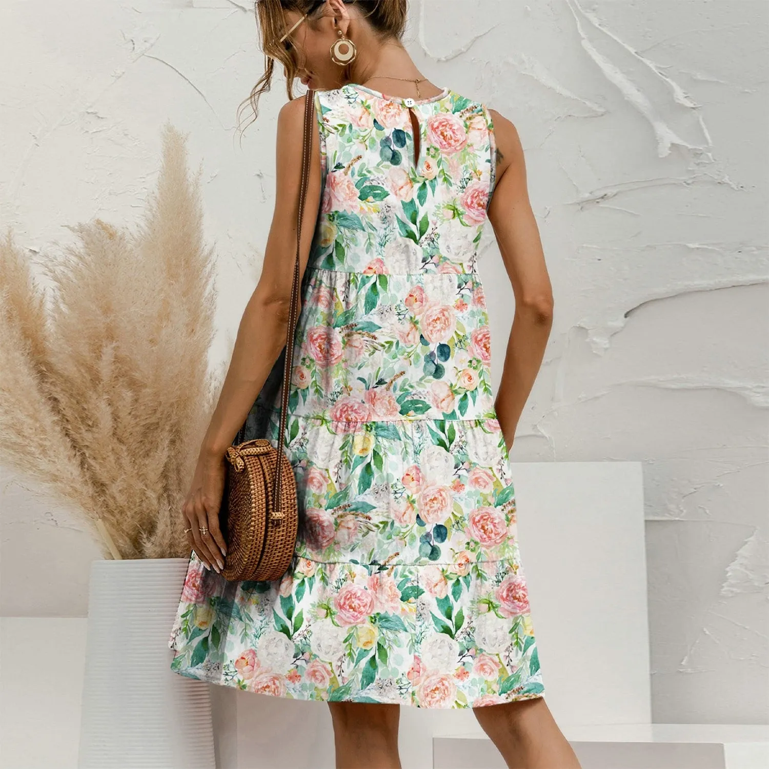 Pink & Green Watercolor Floral Leaf Tiered Round Neck Sleeveless Dress sold by Zulily product image thumbnail 2
