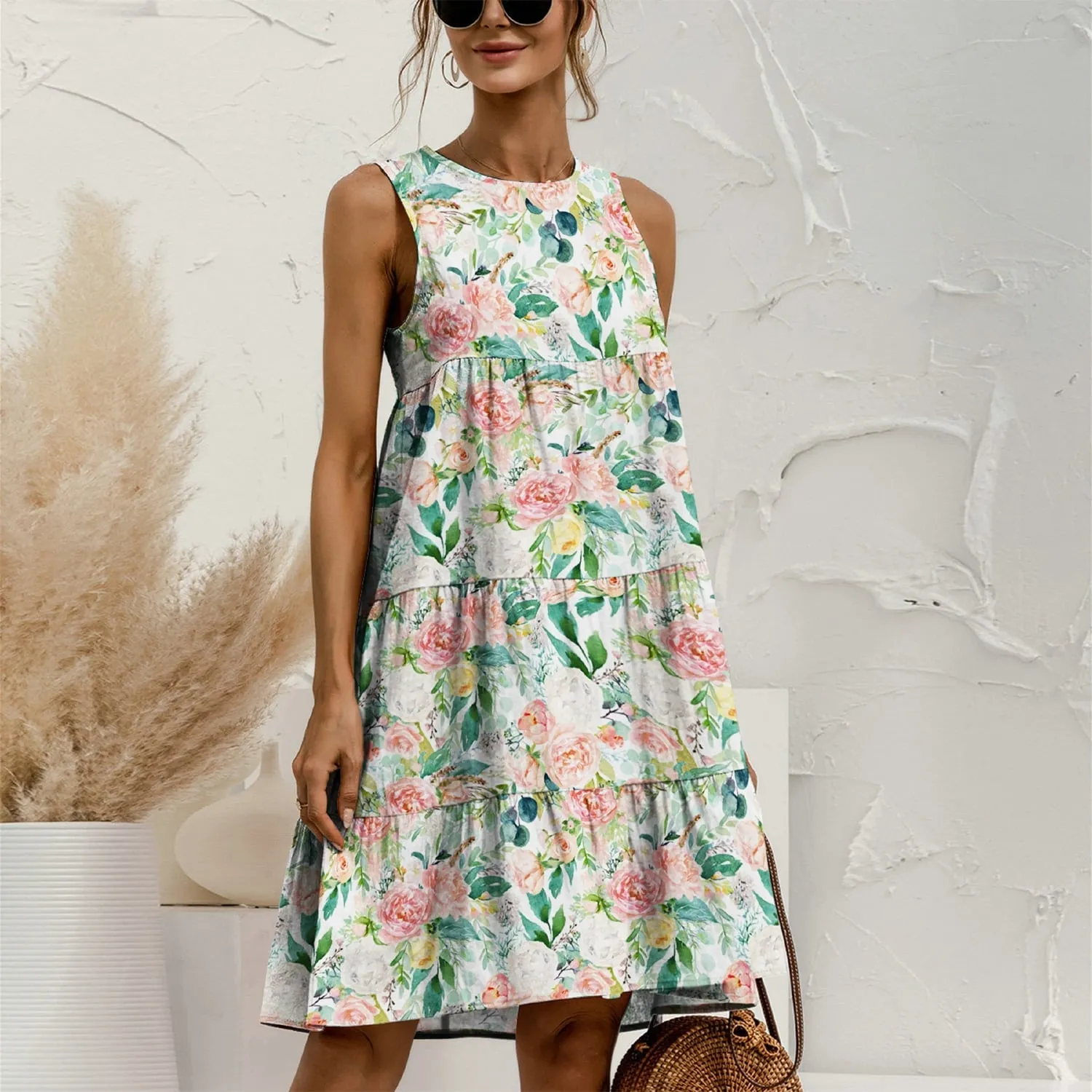 Pink & Green Watercolor Floral Leaf Tiered Round Neck Sleeveless Dress sold by Zulily