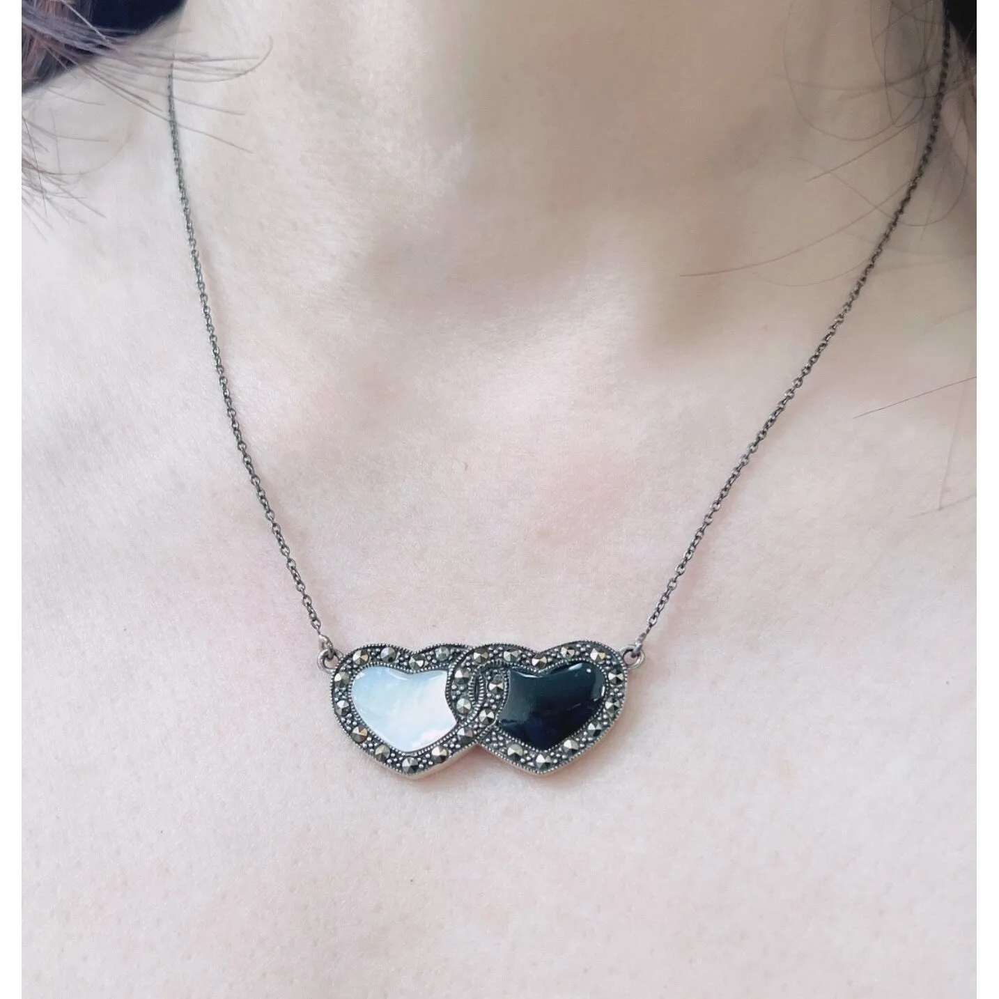 Marcasite & Sterling Silver Double Heart in Mother of Pearl and Onyx Stone Necklace sold by Zulily product image thumbnail 2