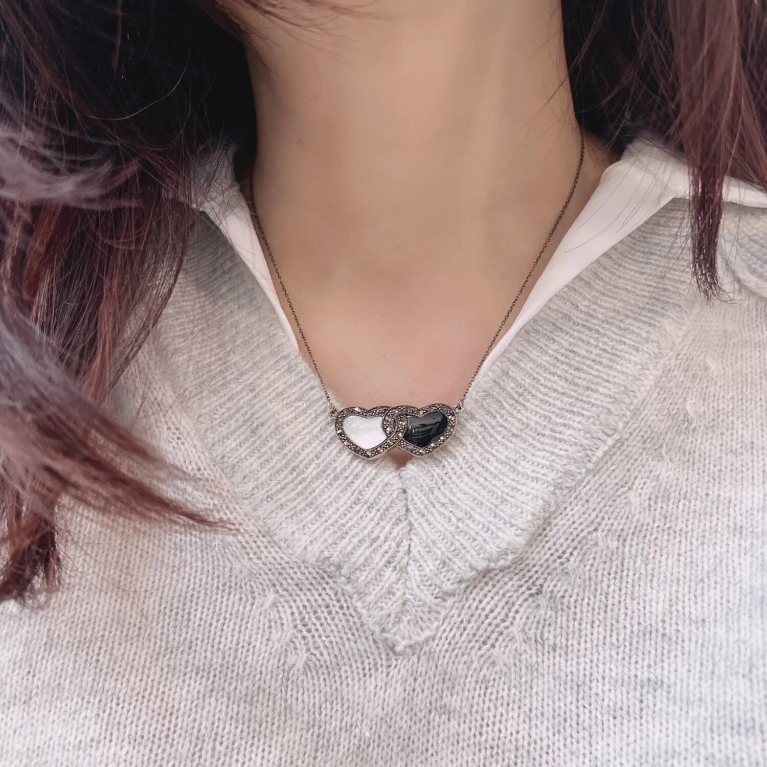 Marcasite & Sterling Silver Double Heart in Mother of Pearl and Onyx Stone Necklace sold by Zulily product image thumbnail 3