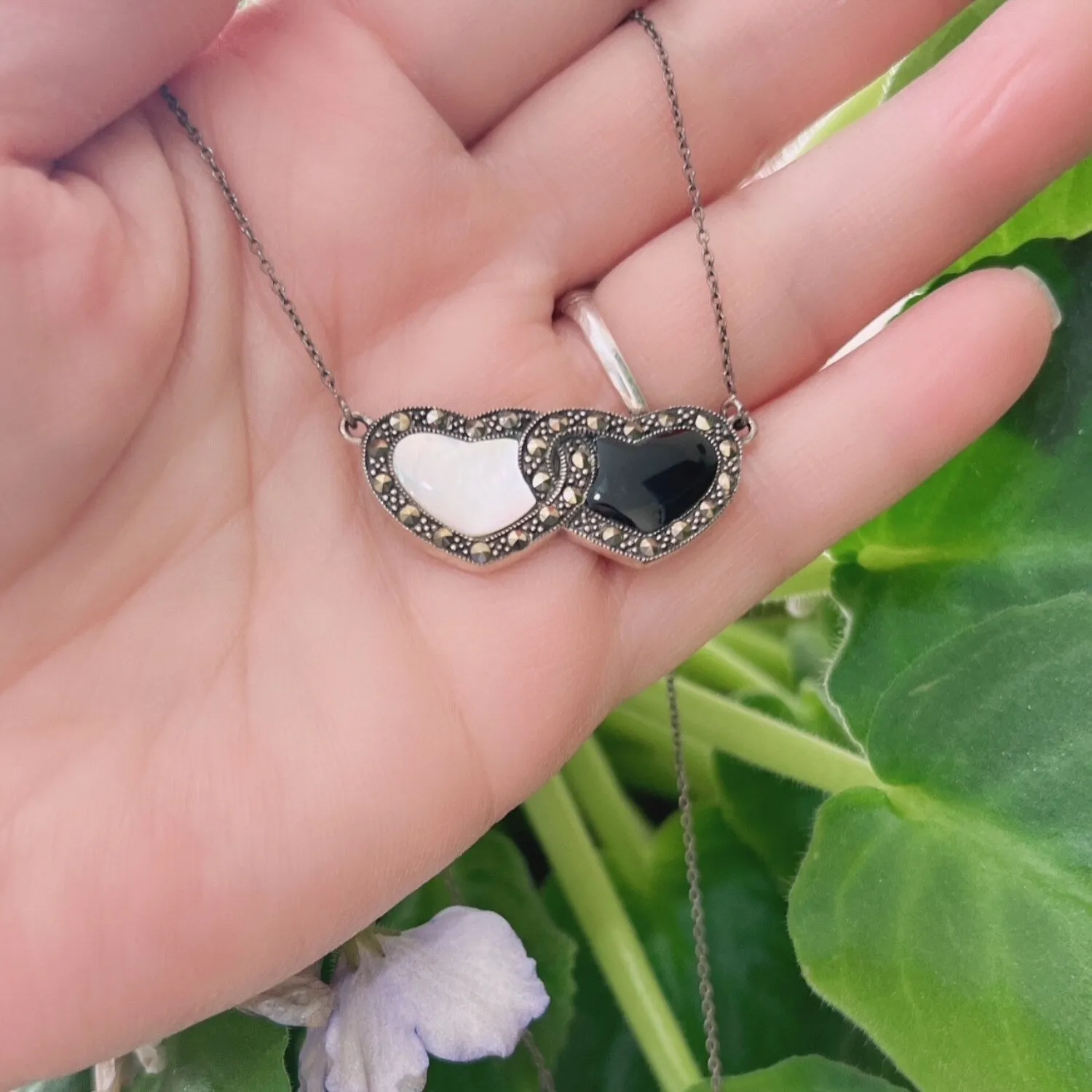 Marcasite & Sterling Silver Double Heart in Mother of Pearl and Onyx Stone Necklace sold by Zulily