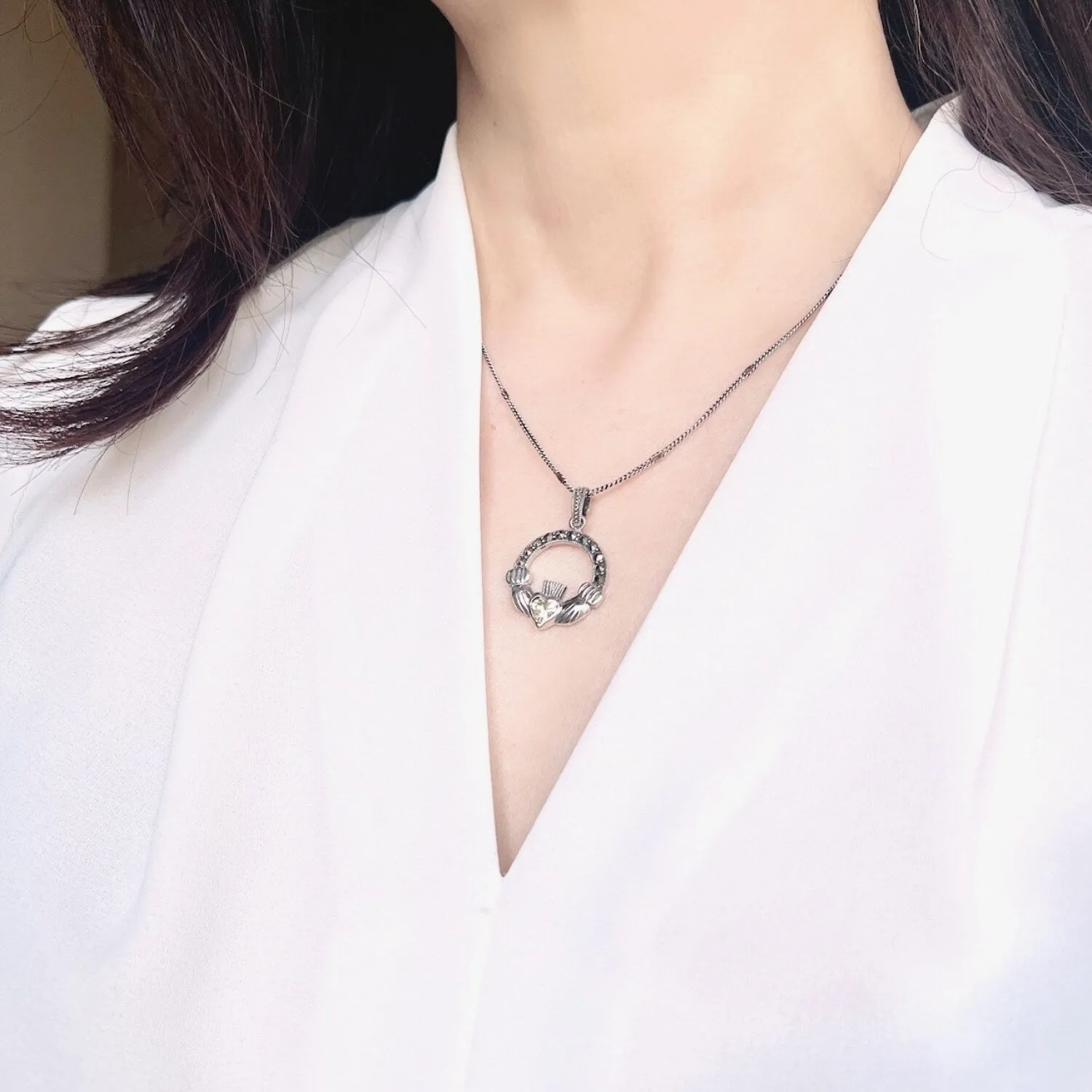 Marcasite & Sterling Silver Claddagh with Light Green CZ Necklace sold by Zulily product image thumbnail 4